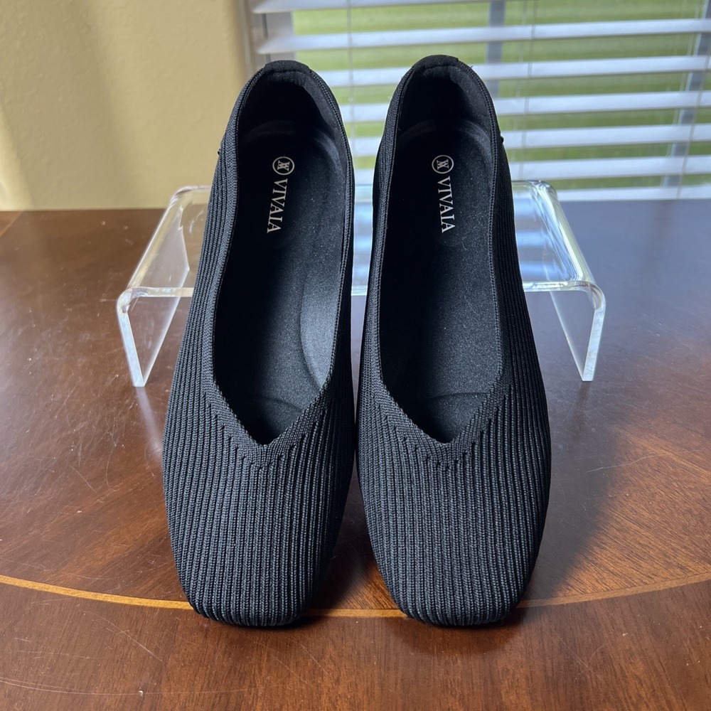 Vivaia Margot Square-Toe V-Cut Knit Flats Shoes Black Womens Size 7 Comfort